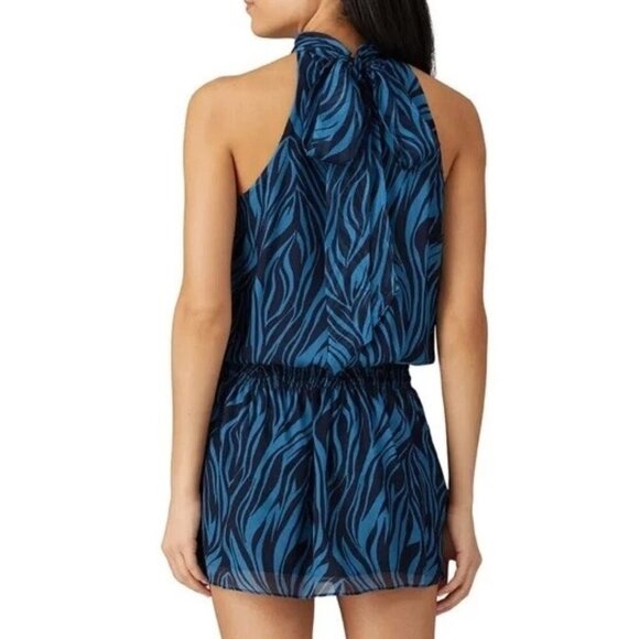 NWT Ramy Brook Zebra Print Silk Halter Mini Dress Blue L Resort Party - Picture 3 of 10